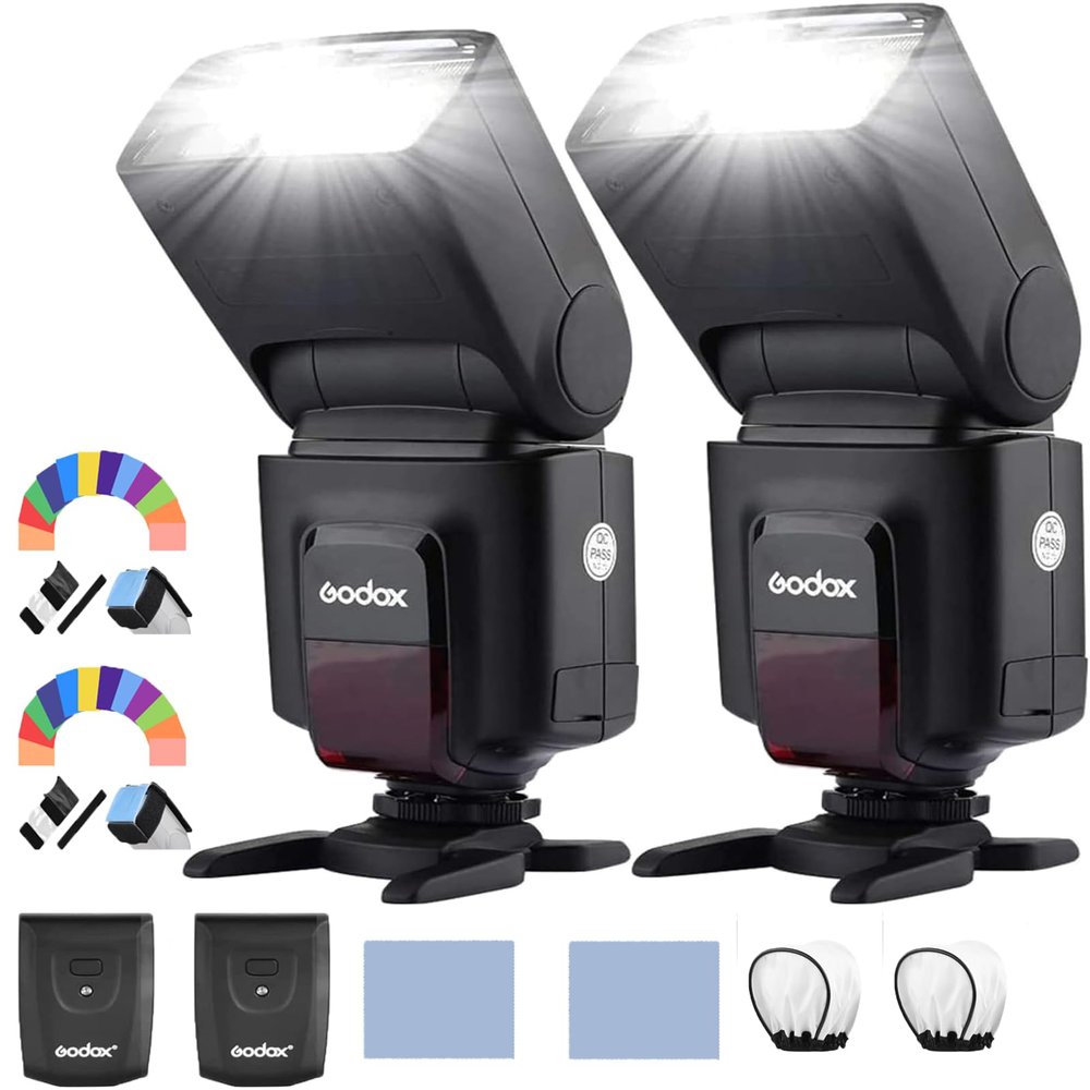 Godox 2X TT520Universal On-Camera Flash Electronic Speedlite + AT-16 2.4G Wireless Trigger Transmitter Guide Number 33 S1 S2 Modes Replacement for Canon Nikon Pentax & 2X Diffusers & 24 X Flash Gels