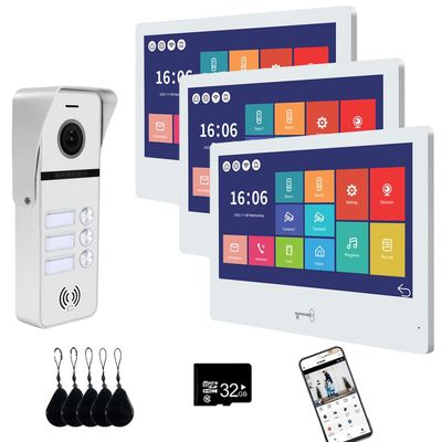 Wired Video Doorbell Apartment Intercom System 3 Units 10 Inches Touch Monitor Wireless WiFi 1080P Camera Phone Kit,Support Monitoring,Unlock for Home Villa (1 White doorbell+3 White Monitor)