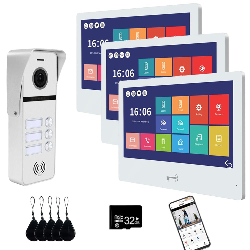 Wired Video Doorbell Apartment Intercom System 3 Units 10 Inches Touch Monitor Wireless WiFi 1080P Camera Phone Kit,Support Monitoring,Unlock for Home Villa (1 White doorbell+3 White Monitor)