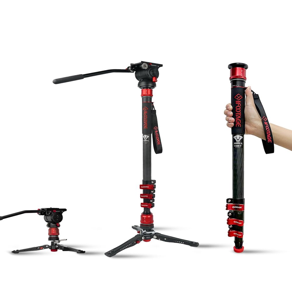 IFOOTAGE 71Video Monopod with Fluid Head,Carbon Fiber Monopod with Feet,Pedal Base Tripod CB3 Base-P Low Profile,for Sony,Nikon,DSLR,Max.Payload 17.64lb/8KG,Cobra 3 C180F-P + K5S
