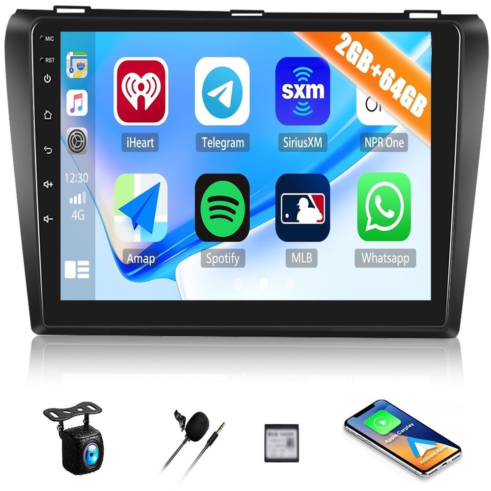 2+64GB Car Stereo for Mazda 3 2004-2009 Radio with Wireless Apple CarPlay Android Auto 9" Touch Screen Android Radio with GPS Navigation Bluetooth FM RDS Mirror Link Car Radio with AHD Backup Camera