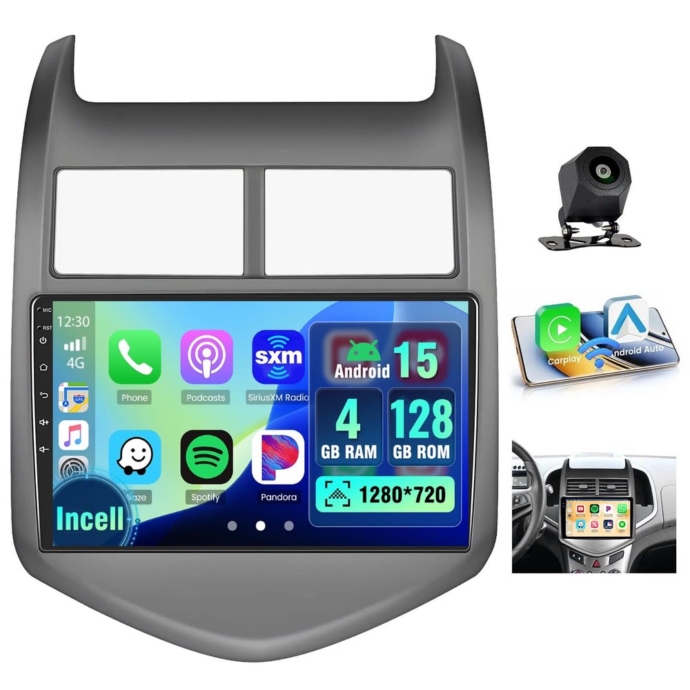 [4+128G] Android 15 Radio for Chevy Sonic 2011 2012 2013 2014 2015, 9 Incell Full Touchscreen Stereo Wireless CarPlay/Android Auto Bluetooth GPS Navigation 5G WiFi FM/RDS + AHD Backup Camera