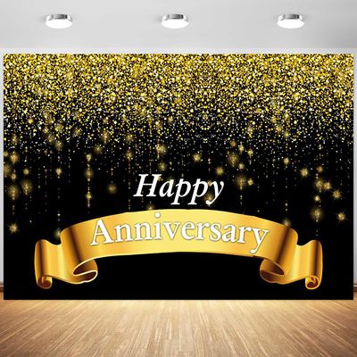 10x6.5ft Happy Anniversary Backdrop Black and Gold Glitter Spots Photography Background Wedding Anniversary Party Banner Decorations Supplies Photo Booth Props