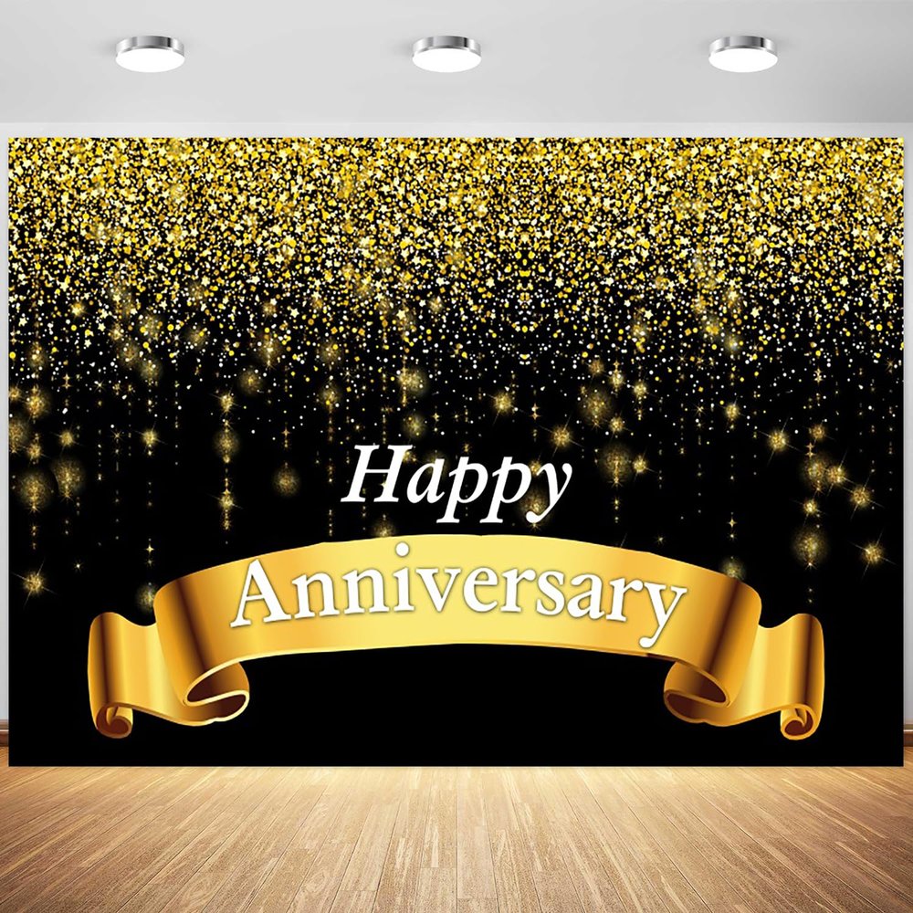 10x6.5ft Happy Anniversary Backdrop Black and Gold Glitter Spots Photography Background Wedding Anniversary Party Banner Decorations Supplies Photo Booth Props