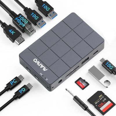 MAIWO USB-C Hub with M.2 SSD Enclosure, 11-in-1 Laptop Docking Station with 4K@60Hz, 100W PD, 1000Mbps Ethernet, SD/TF Card Slot, 10Gbps M.2 NVMe/SATA Slot, USB X4