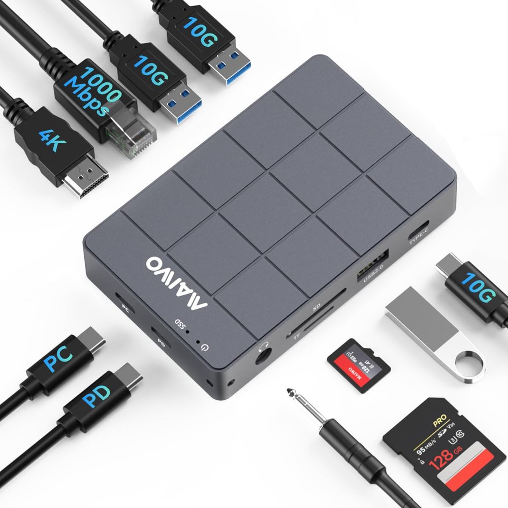 MAIWO USB-C Hub with M.2 SSD Enclosure, 11-in-1 Laptop Docking Station with 4K@60Hz, 100W PD, 1000Mbps Ethernet, SD/TF Card Slot, 10Gbps M.2 NVMe/SATA Slot, USB X4