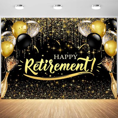 10x8ft Happy Retirement Backdrop Black and Gold Balloons Glitter Dots Photography Background for Adults Retirement Party Banner Decorations Supplies Photo Booth Props