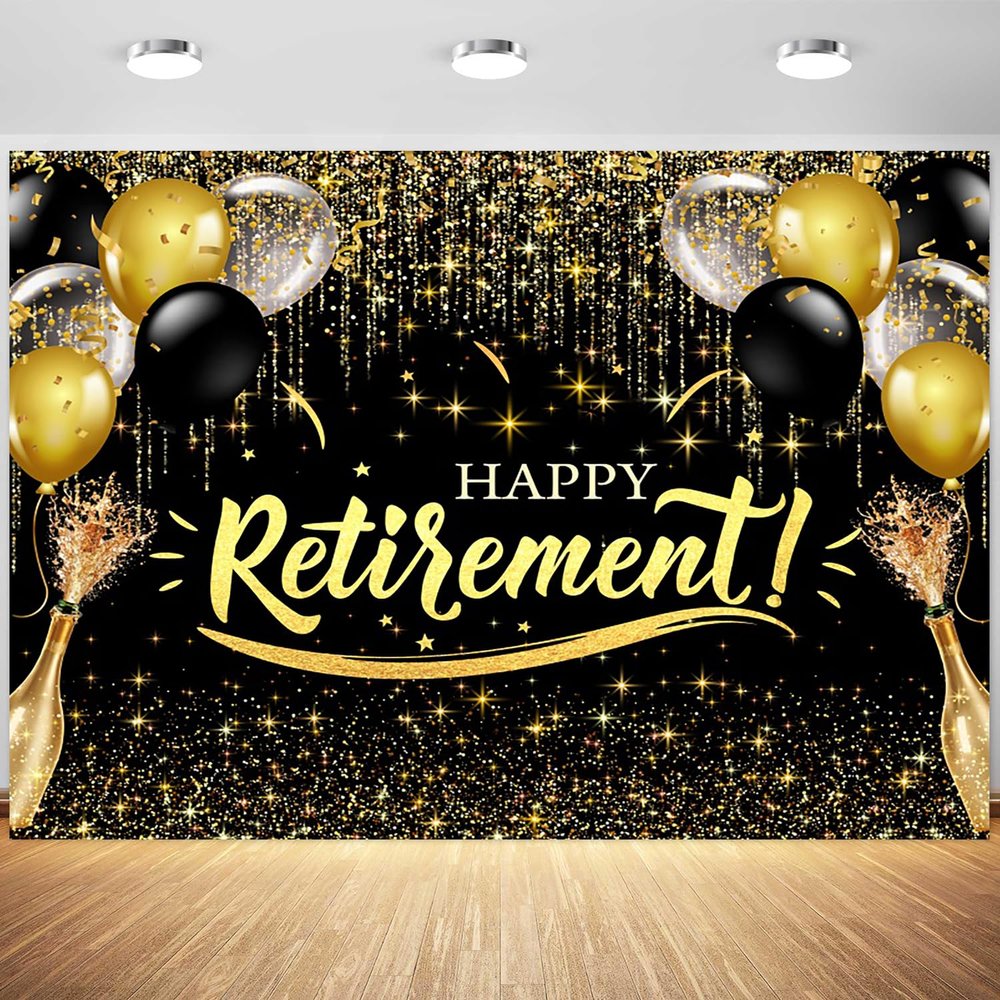 10x8ft Happy Retirement Backdrop Black and Gold Balloons Glitter Dots Photography Background for Adults Retirement Party Banner Decorations Supplies Photo Booth Props