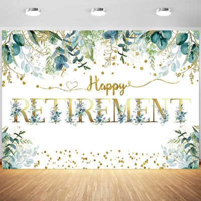 10x8ft Happy Retirement Backdrop Spring Green Leaves Gold Spots Photography Background Retirement Party Adults Portrait Banner Decorations Supplies Photo Booth Props