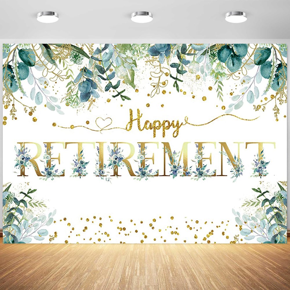 10x8ft Happy Retirement Backdrop Spring Green Leaves Gold Spots Photography Background Retirement Party Adults Portrait Banner Decorations Supplies Photo Booth Props
