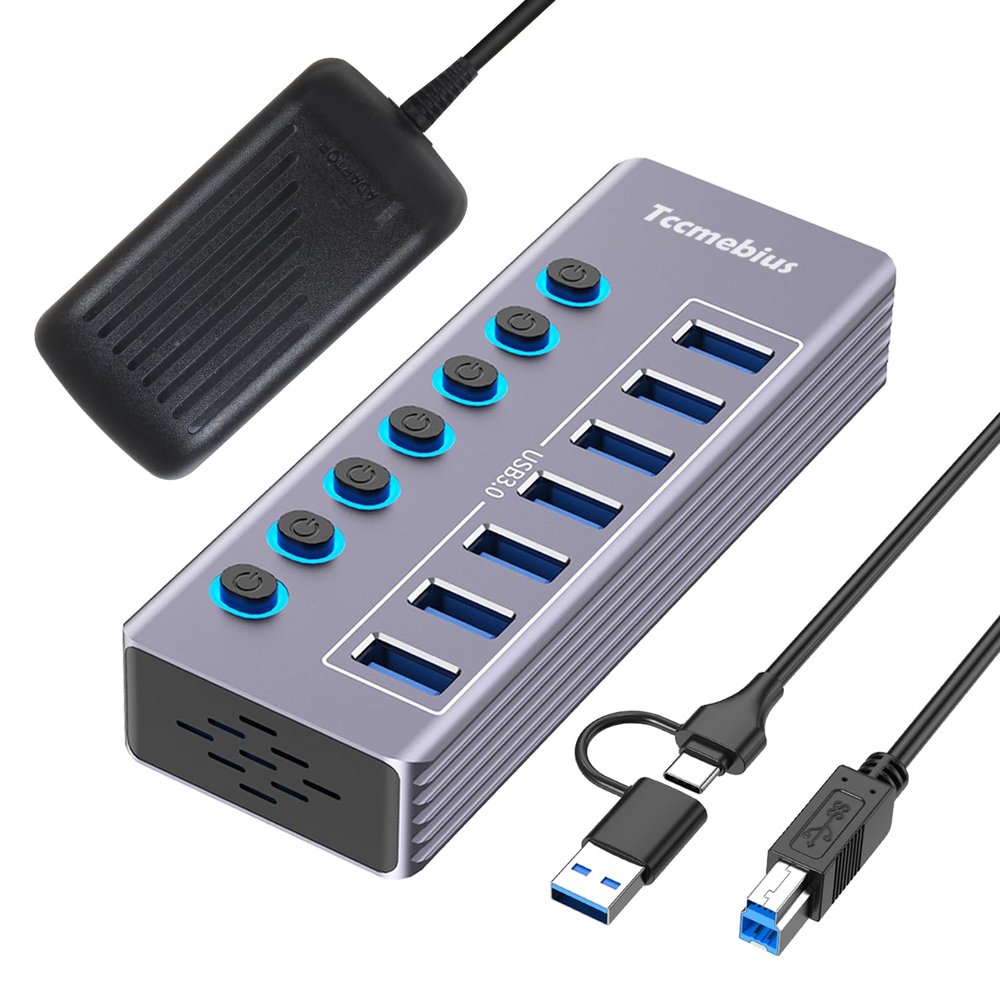 Tccmebius Powered 7-Port USB 3.0 Hub, USB C to 7 Ports USB Data Hub Splitter with Individual LED On/Off Switche, 3.3FT Cable, 12V/3A Power Adapter, for Laptop MacBook Pro/Air PC (Aluminum Gary)