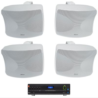 Audiosavings Bundle: (1) JBL VMA1120 Commercial/Restaurant 120W 70v Bluetooth Mixer/Amplifier, 5 Inputs + (2) Pair Rockville WET-44 PRO Dual 4" 4-Way Swivel 70V Commercial Speakers in White (3 Item)
