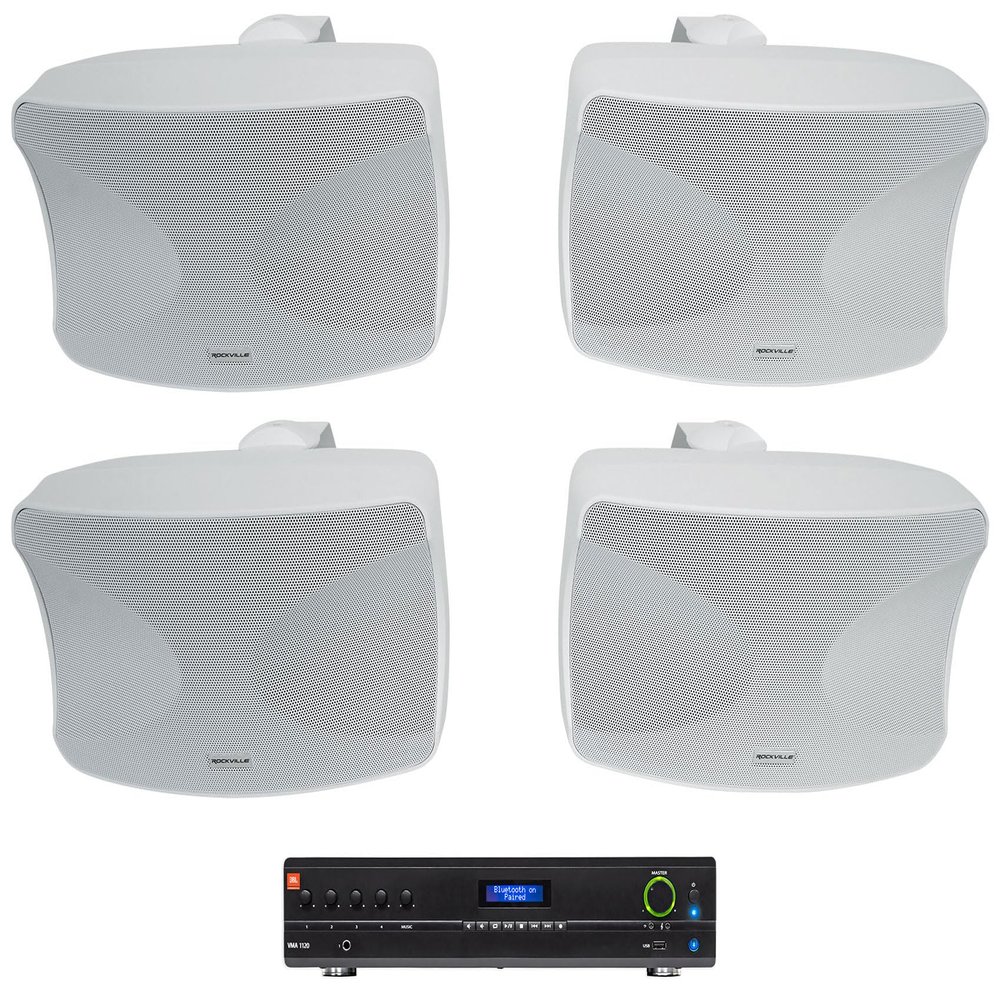 Audiosavings Bundle: (1) JBL VMA1120 Commercial/Restaurant 120W 70v Bluetooth Mixer/Amplifier, 5 Inputs + (2) Pair Rockville WET-44 PRO Dual 4" 4-Way Swivel 70V Commercial Speakers in White (3 Item)