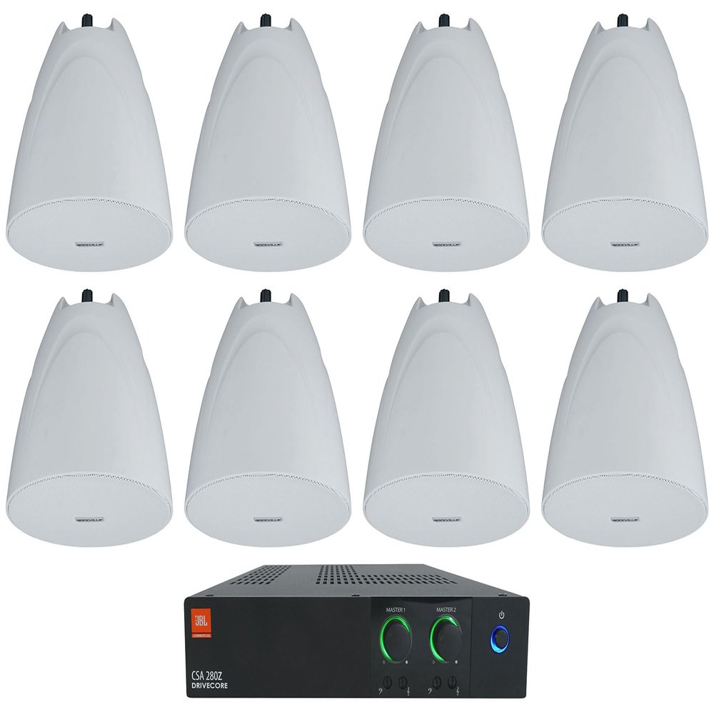 Audiosavings Bundle: (1) JBI CSA 280Z 2 x 80w Commercial 70v Amplifier Amp 4 Restaurant/Bar/Cafe CSA280Z Bundle with (8) Rockville PEN-525T White 5.25" 70V Hanging Pendant Speaker Commercial (Items 9)
