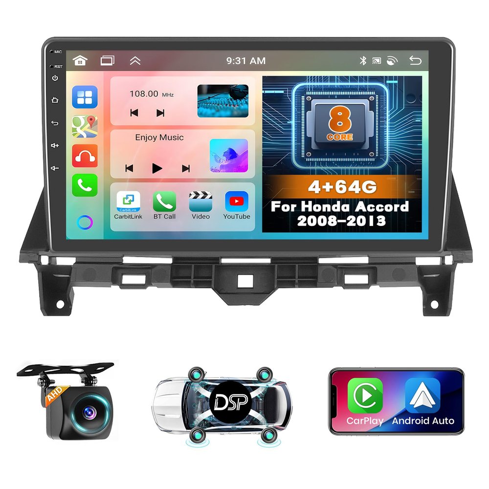 Hikity 8 core 4+64G Android 15 Car Radio for Honda Accord 2008-2013 Stereo, 10.1 inch Screen with Wireless CarPlay Android Auto GPS Navigation WiFi Bluetooth Mirror Link DSP FM RDS + Backcup Camera