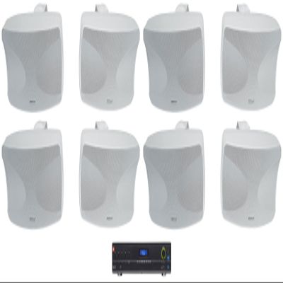 Audiosavings Bundle: (1) JBL VMA1240 Commercial/Restaurant 240W 70v Bluetooth Mixer/Amplifier, 5 Inputs + (4) Pair Rockville WET-44 PRO Dual 4" 4-Way Swivel 70V Commercial Speakers in White (5 Item)