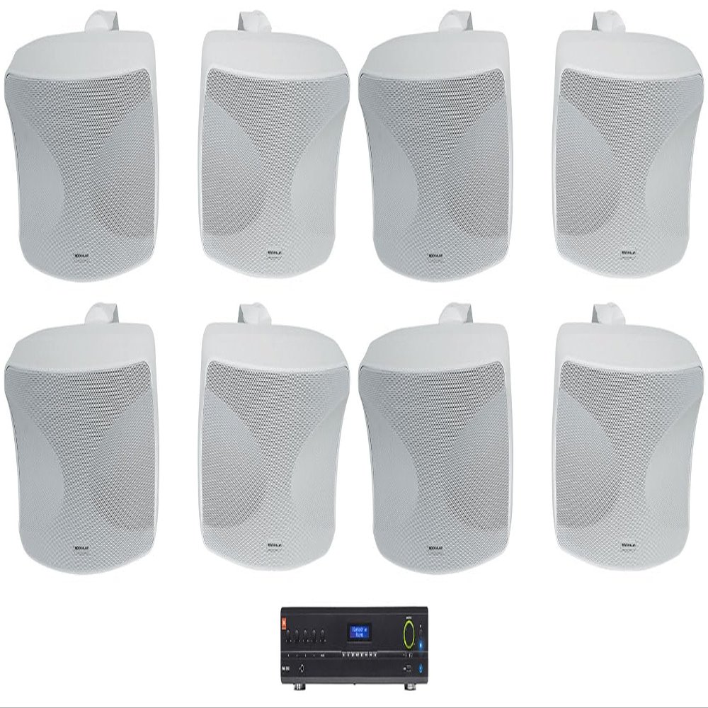Audiosavings Bundle: (1) JBL VMA1240 Commercial/Restaurant 240W 70v Bluetooth Mixer/Amplifier, 5 Inputs + (4) Pair Rockville WET-44 PRO Dual 4" 4-Way Swivel 70V Commercial Speakers in White (5 Item)