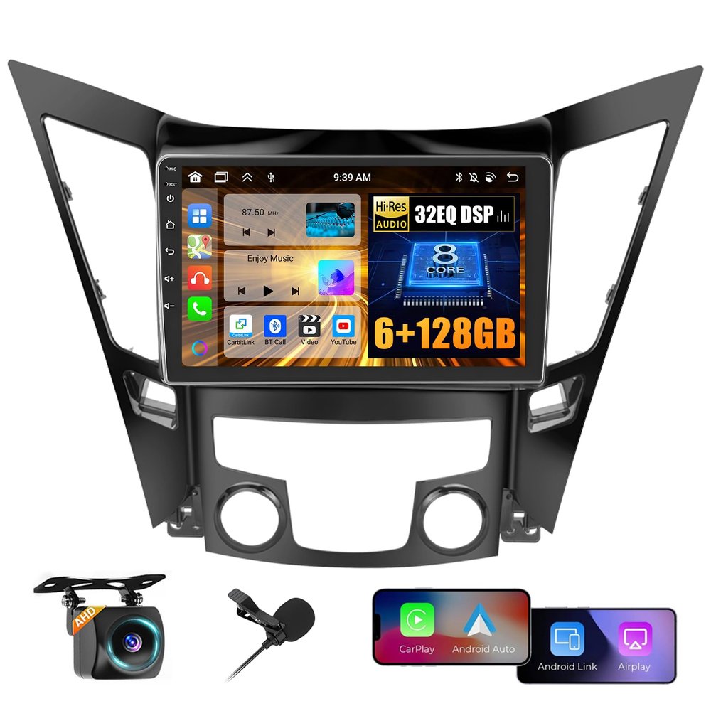 8 Core 6+128GB for Hyundai Sonata 2010-2015 Android Car Stereo with Wireless Apple Carplay, 5G WiFi 9 Inch IPS Touchscreen Car Radio 59UI GPS Navigation 32EQ DSP Backup Camrea