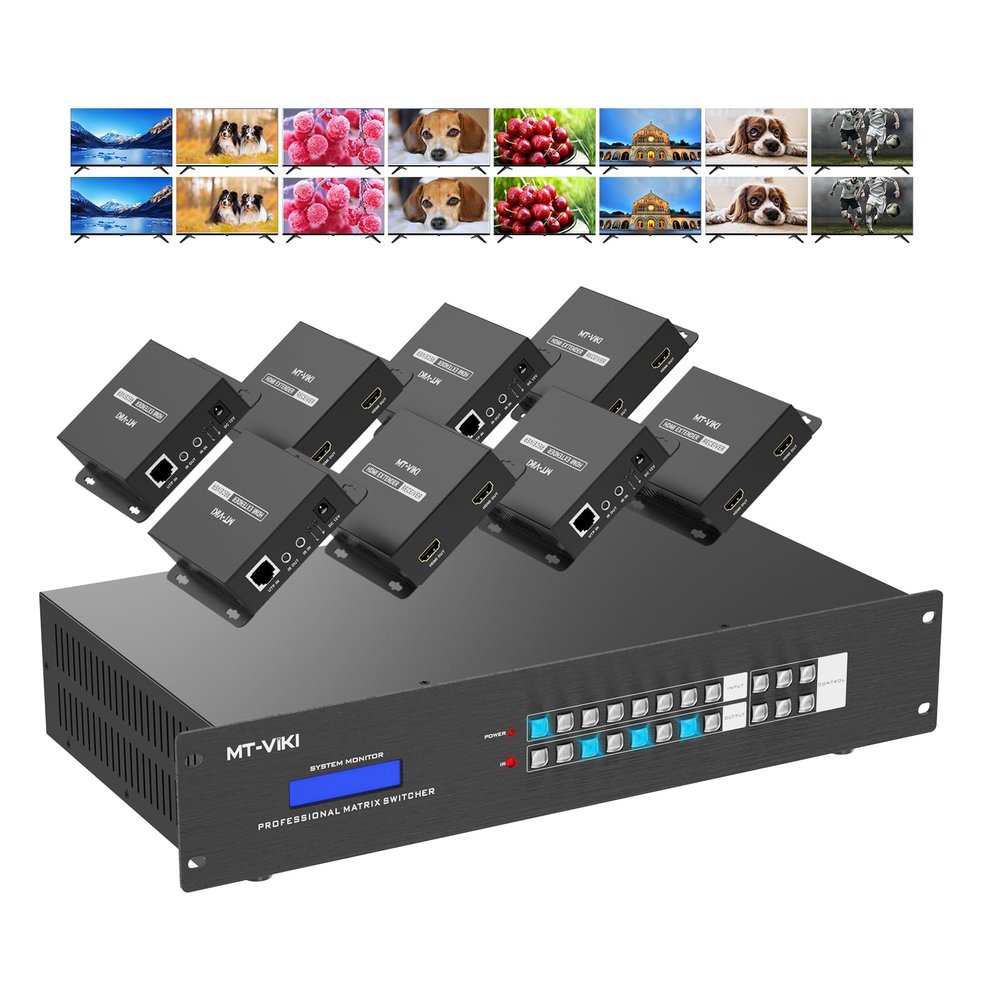 MT-VIKI 8 in 24 Out HDMI Extender Matrix 8x8, 4K60Hz Over CAT6 Ethernet Cable, with 8 POC Receivers, Web GUI, RS232, Up to 230FT (70m)