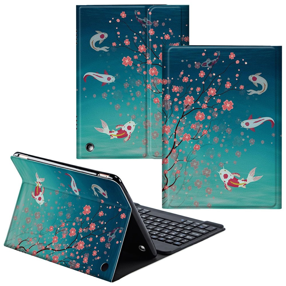 CGFGHHUY Case for Fire HD 10 & 10 Plus Tablet 11th Generation Detachable Wireless Keyboard & PU Leather Stand Cover Protective Case for Fire Hd 10 Tablet 10.1 inch 2021 - Cherry Blossom and Fish