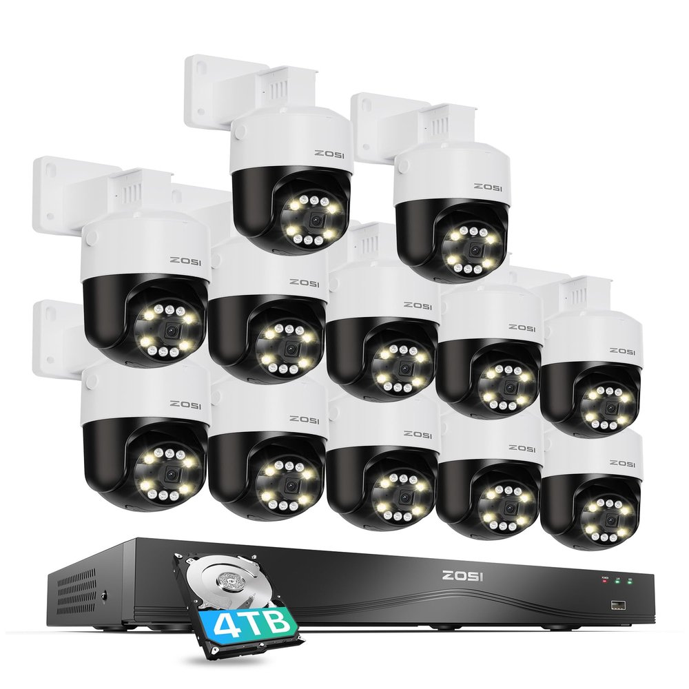 ZOSI 4K 8MP 16CH Security Camera System with AI Face Person Vehicle Detection, 12 x 4K Outdoor Auto Tracking PT PoE Camera with Floodlights, 2-Way Audio, 16 Port 32CH 8MP NVR with 4TB HDD
