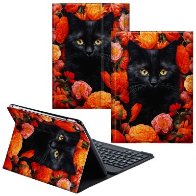 CGFGHHUY for Fire HD 8/8 Plus Tablet Case 12th/10th Generation 8 inch 2022/2020 Release Detachable Wireless Keyboard & PU Leather Stand Cover Protective Tablet Case - Red Floral Flower Black Cat