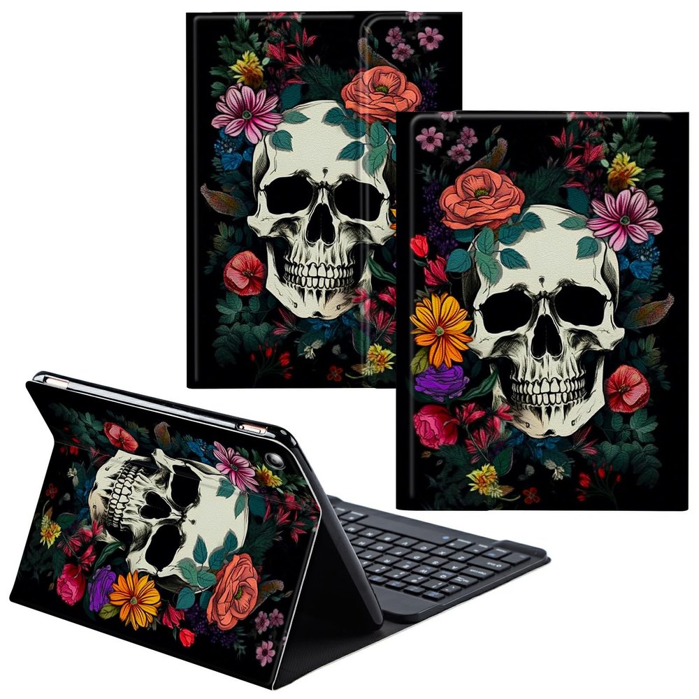 CGFGHHUY for Fire HD 8/8 Plus Tablet Case 12th/10th Generation 8 inch 2022/2020 Release Detachable Wireless Keyboard & PU Leather Stand Cover Protective Tablet Case - Floral Flower Skull