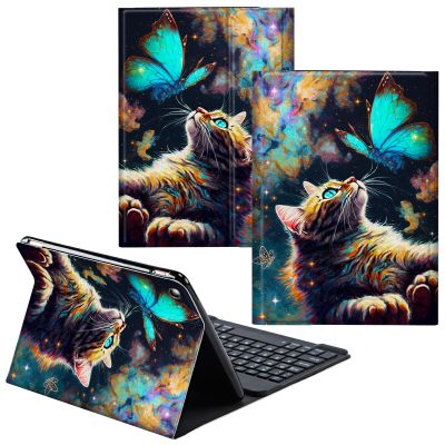 CGFGHHUY for Fire HD 8/8 Plus Tablet Case 12th/10th Generation 8 inch 2022/2020 Release Detachable Wireless Keyboard & PU Leather Stand Cover Protective Tablet Case - Galaxy Cat and Butterfly