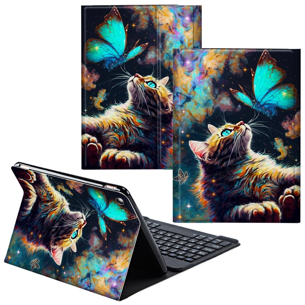 CGFGHHUY for Fire HD 8/8 Plus Tablet Case 12th/10th Generation 8 inch 2022/2020 Release Detachable Wireless Keyboard & PU Leather Stand Cover Protective Tablet Case - Galaxy Cat and Butterfly