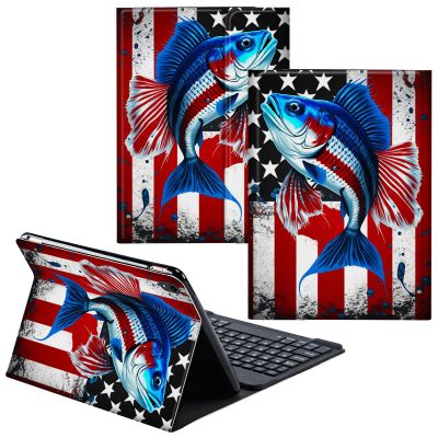 CGFGHHUY for iPad 10th Generation Case with Keyboard,Detachable Wireless Keyboard & PU Leather Stand Cover Protective Tablet Case for iPad 10th Gen 10.9 inch 2022 - American Flag & Fish
