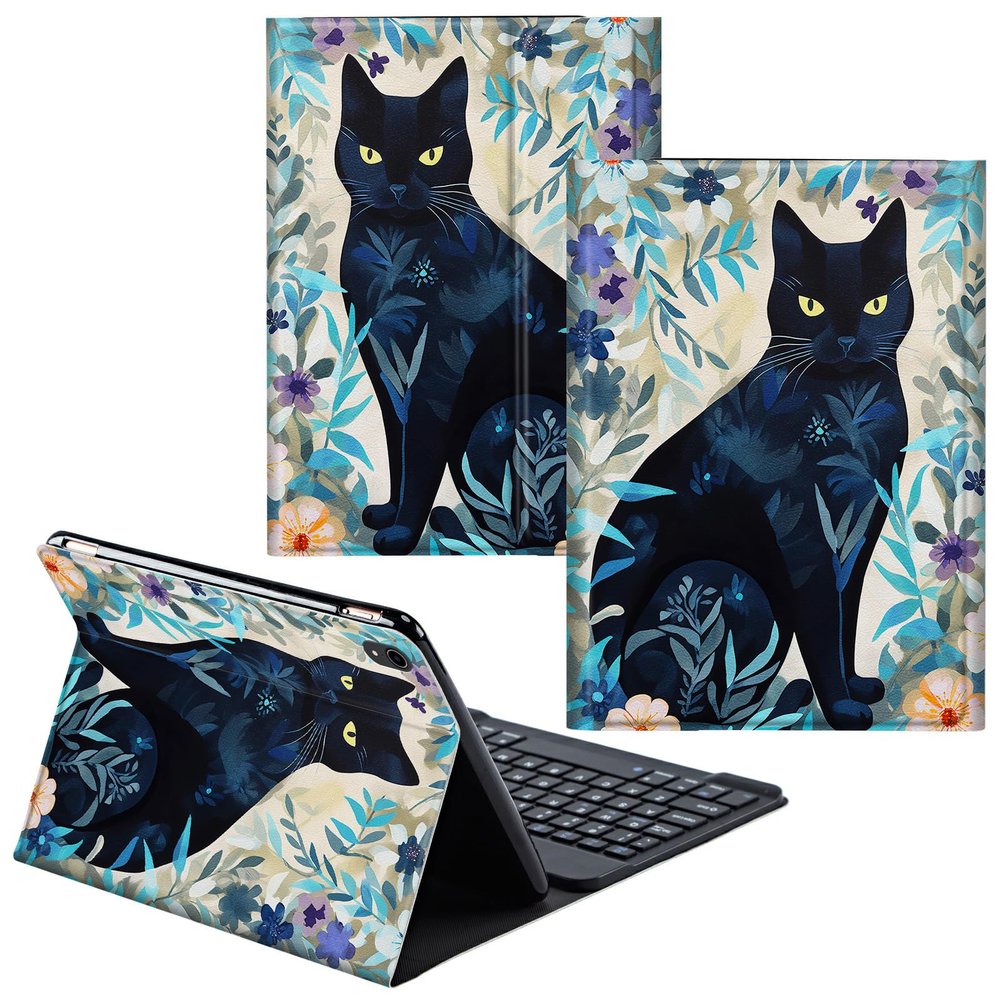 CGFGHHUY for iPad 10th Generation Case with Keyboard,Detachable Wireless Keyboard & PU Leather Stand Cover Protective Tablet Case for iPad 10th Gen 10.9 inch 2022 - Black Cat Floral Leaf