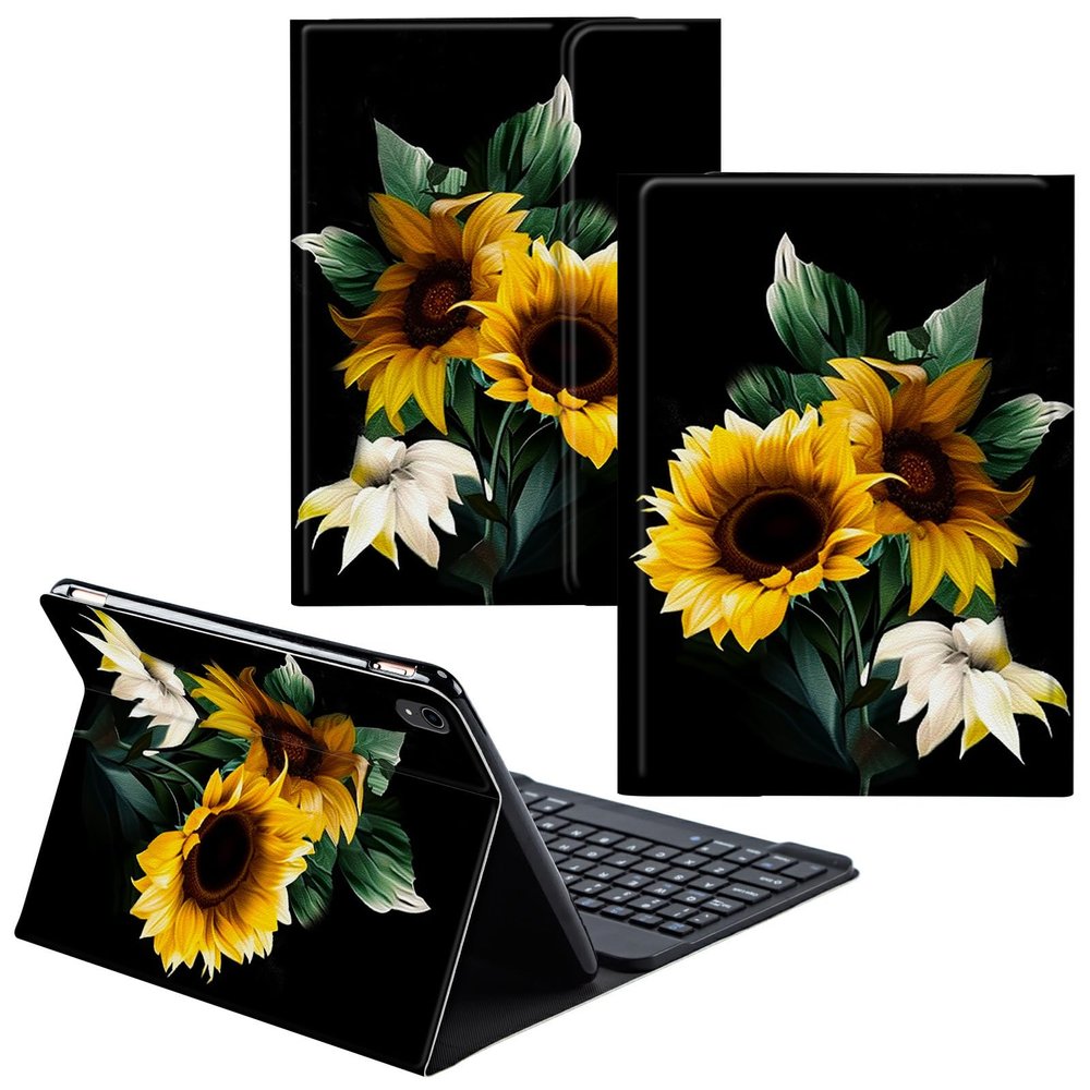 CGFGHHUY for iPad 10th Generation Case with Keyboard,Detachable Wireless Keyboard & PU Leather Stand Cover Protective Tablet Case for iPad 10th Gen 10.9 inch 2022 - Black Sunflowers