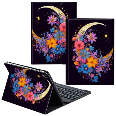 CGFGHHUY for iPad 10th Generation Case with Keyboard,Detachable Wireless Keyboard & PU Leather Stand Cover Protective Tablet Case for iPad 10th Gen 10.9 inch 2022 - Colorful Flower and Moon