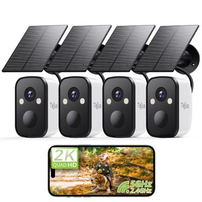 TIEJUS 2K 5G Security Cameras Wireless Outdoor, 4-Pack Solar-Powered Camera for Home with Full Color Night Vision,PIR Detection, IP66/Alexa/2 Way Talk, No Subscription, 5G/2.4GHz WiFi