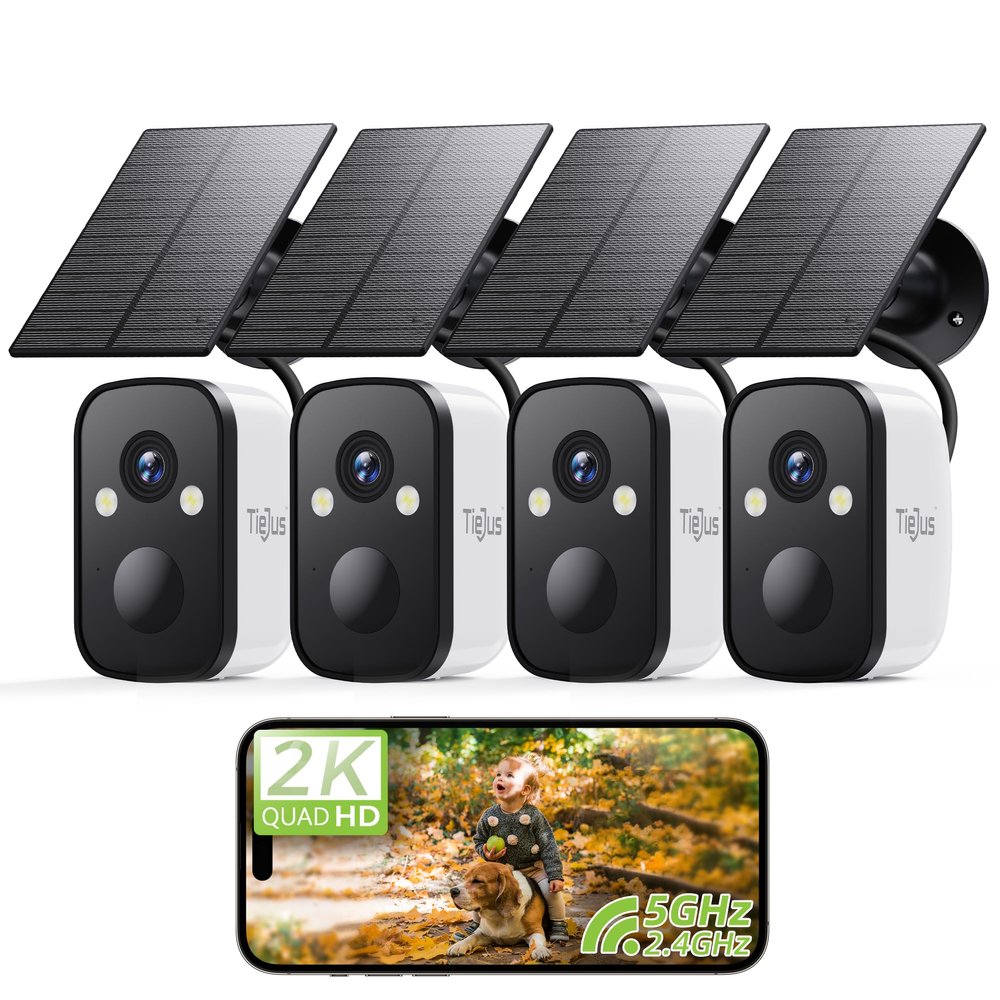 TIEJUS 2K 5G Security Cameras Wireless Outdoor, 4-Pack Solar-Powered Camera for Home with Full Color Night Vision,PIR Detection, IP66/Alexa/2 Way Talk, No Subscription, 5G/2.4GHz WiFi