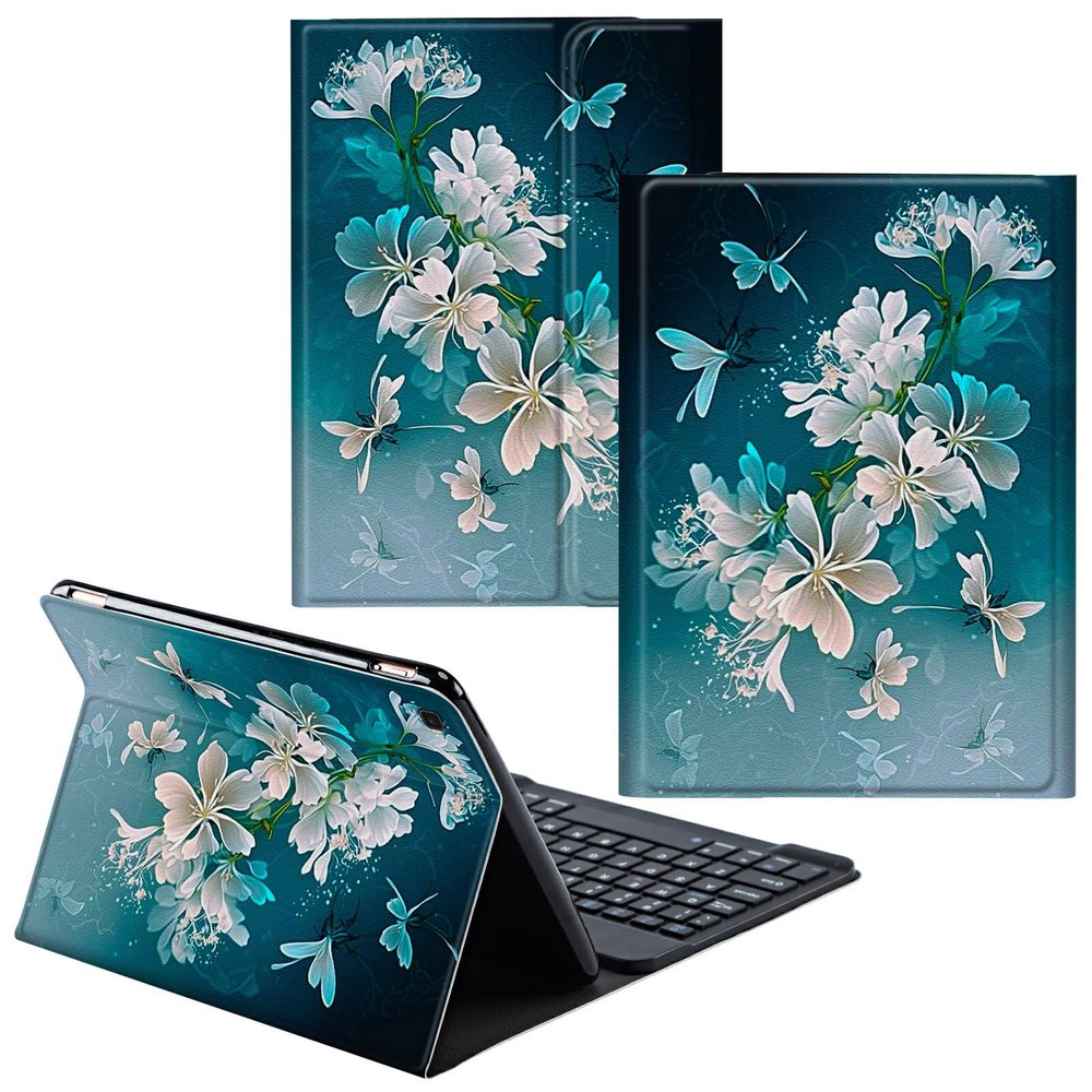 CGFGHHUY for Samsung Galaxy Tab A SM-T510 Case Detachable Wireless Keyboard and PU Leather Stand Cover Protective Tablet Case for Samsung Galaxy Tab A SM-T510/T515 10.1 inch - Blue Flower