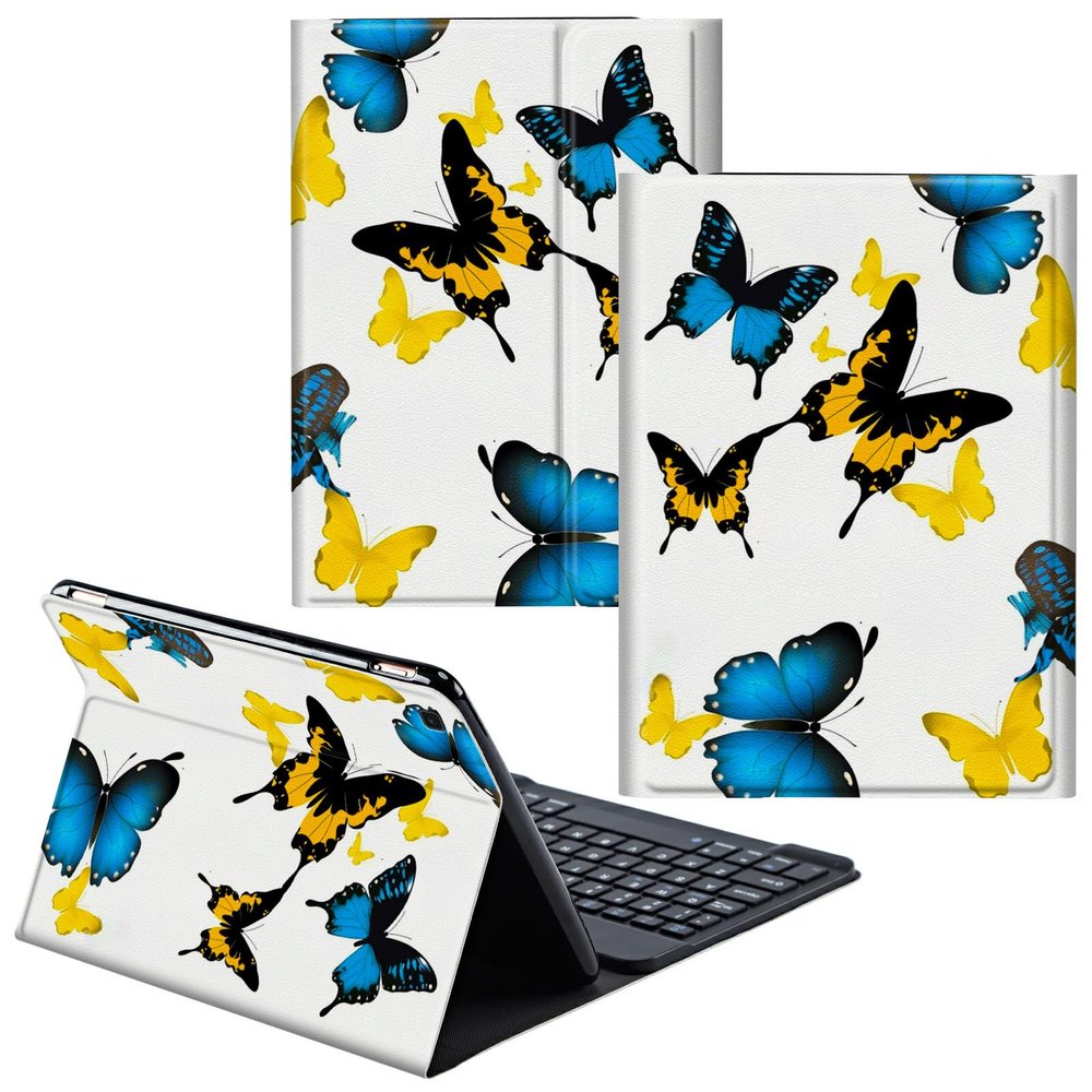 CGFGHHUY for Samsung Galaxy Tab A SM-T510 Case Detachable Wireless Keyboard and PU Leather Stand Cover Protective Tablet Case for Galaxy Tab A SM-T510/T515 10.1 inch - Blue and Yellow Butterflies