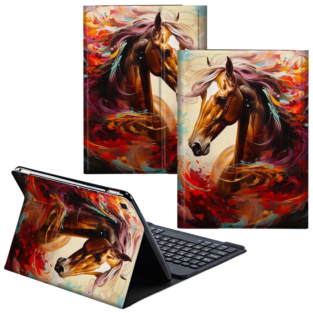 CGFGHHUY for Samsung Galaxy Tab A SM-T510 Case Detachable Wireless Keyboard and PU Leather Stand Cover Protective Tablet Case for Samsung Galaxy Tab A SM-T510/T515 10.1 inch - Watercolor Horse