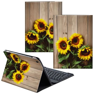 CGFGHHUY for Samsung Galaxy Tab A SM-T510 Case Detachable Wireless Keyboard and PU Leather Stand Cover Protective Tablet Case for Galaxy Tab A SM-T510/T515 10.1 inch - Wood with Yellow Sunflowers
