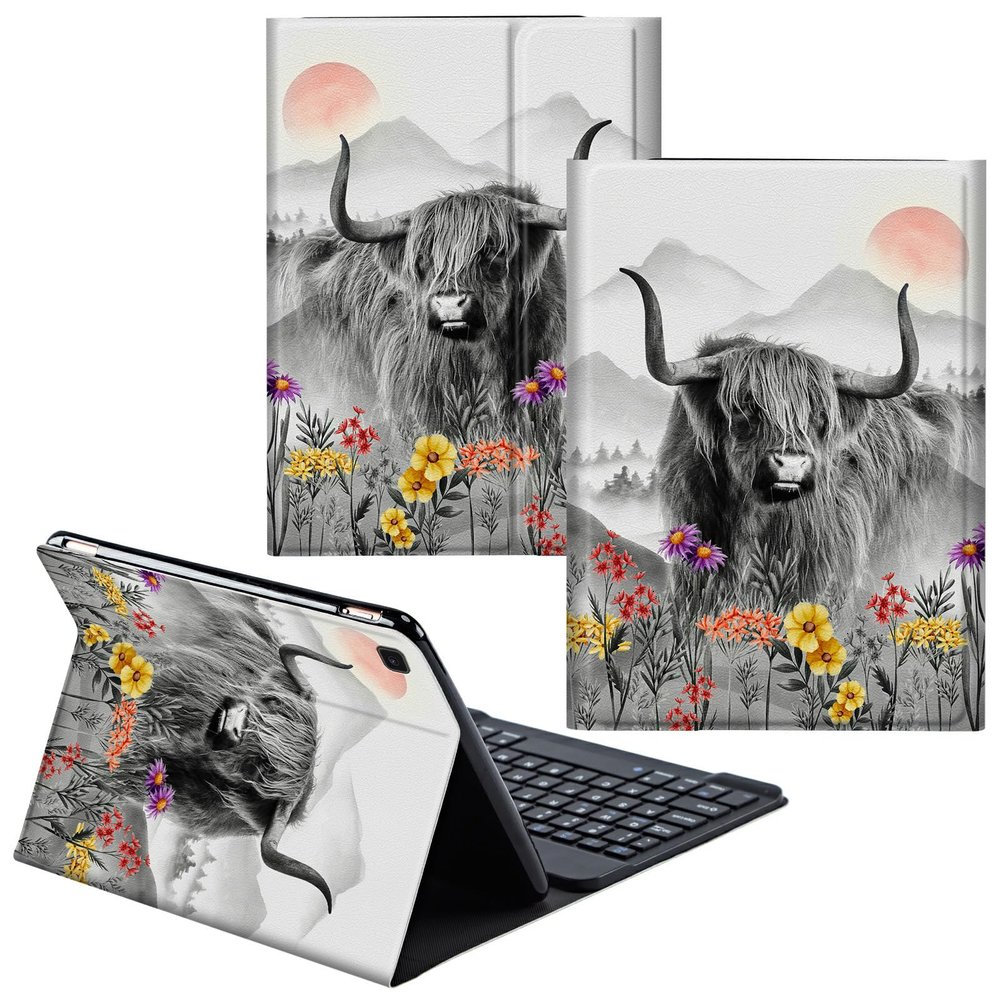 CGFGHHUY for Samsung Galaxy Tab A7 Lite Case Detachable Wireless Keyboard and PU Leather Stand Cover Protective Tablet Case for Samsung Galaxy Tab A7 Lite 8.7 inch 2021 - Cow Flowers