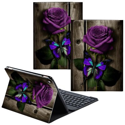 CGFGHHUY for Samsung Galaxy Tab A8 10.5 Case Detachable Wireless Keyboard and PU Leather Stand Cover Protective Tablet Case for Samsung Galaxy Tab A8 10.5 inch 2022 - Purple Rose and Butterflies