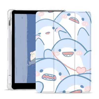 JOYLAND Lovely Cartoon Shark Case for iPad Pro 2017/iPad Air 3 10.5 Inch with Pencil Holder, Auto Wake/Sleep, Clear TPU Blue Leather Anti-Scratch Smart Foldable Stand Back Cover