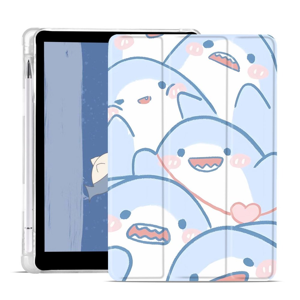 JOYLAND Lovely Cartoon Shark Case for iPad Pro 2017/iPad Air 3 10.5 Inch with Pencil Holder, Auto Wake/Sleep, Clear TPU Blue Leather Anti-Scratch Smart Foldable Stand Back Cover