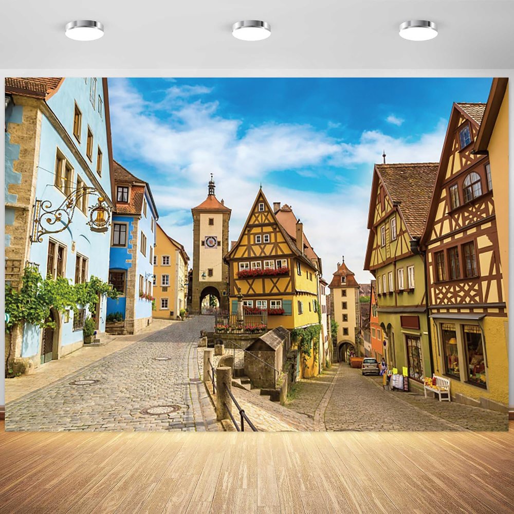 12x8ft Oktoberfest Backdrop German Historic City Bavaria Town Street Photography Background Spring Summer Holiday Travel Decorations Adults Portrait Supplies Photo Booth Props