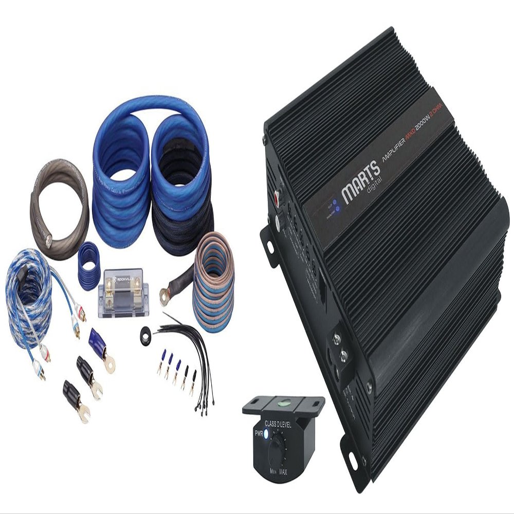 Audiosavings Bundle:(1) Marts Digital MXD 2000 2 OHM 2000w RMS Mono Car Amplifier Class D Amp+Bass Knob Bundle with (1) Rockville RWK0CU 0 AWG Gauge 100% Copper Amp Installation Wire Kit OFC (Items 2)