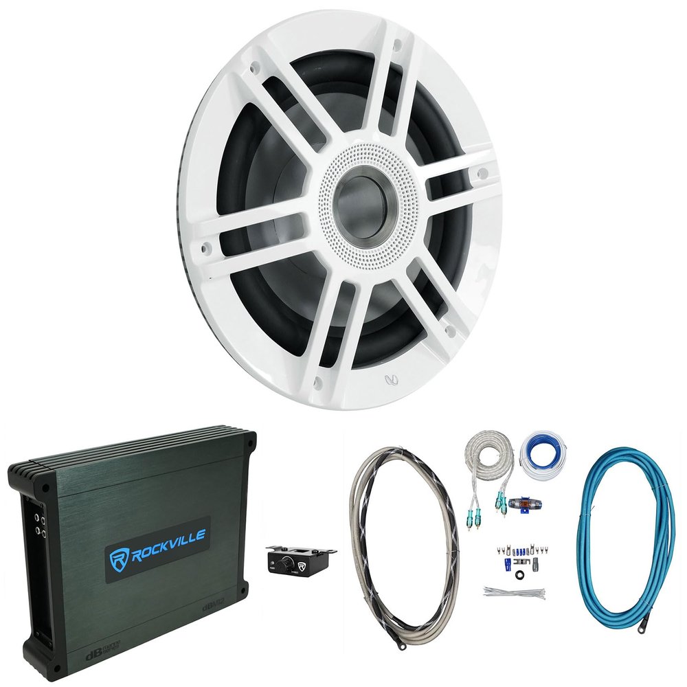 Audiosavings Bundle: Infinity Kappa 1010M 10" Marine Subwoofer Bundle with Rockville DBM12 2 Boat Mono Amplifier & Rockville RMWK4 4 AWG Gauge Waterproof Marine Amplifier (Items 3)