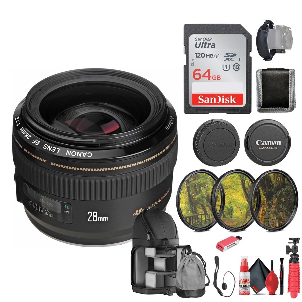 Canon EF 28mm f/1.8 USM Lens (2510A003) + 64GB Memory Card + Filter Kit + Backpack + Card Reader + Flex Tripod + Memory Wallet + Cap Keeper + Cleaning Kit + Hand Strap (Renewed)