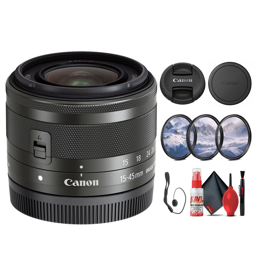 Canon EF-M 15-45mm f/3.5-6.3 is STM Zoom Lens (Graphite) (0572C002) + Filter Kit + Cap Keeper + Cleaning Kit (Renewed)