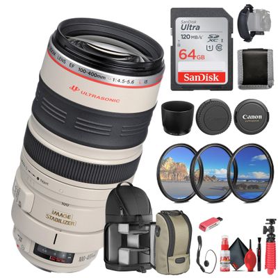Canon EF 100-400mm f/4.5-5.6L is USM Lens (2577A002) + 64GB Memory Card + Filter Kit + Backpack + Card Reader + Flex Tripod + Memory Wallet + Cap Keeper + Cleaning Kit + Hand Strap (Renewed)