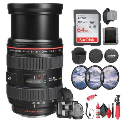 Canon EF 24-70mm f/2.8L USM Standard Zoom Lens for Canon SLR Cameras (8014A002) + 64GB Memory Card + Filter Kit + Backpack + Card Reader + Flex Tripod + Memory Wallet + Cap Keeper + More (Renewed)